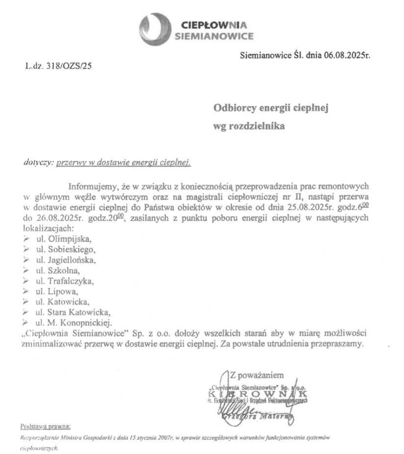 Informacja z Ciepłowni Siemianowice