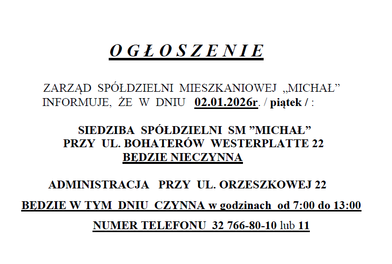 Godziny Pracy SM Michał w dn. 02.01.2026r.