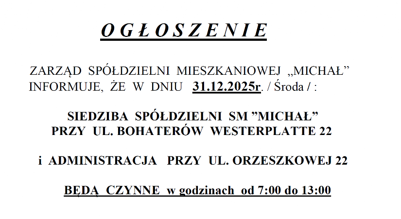 Godziny Pracy SM Michał w Sywestra tj. 31.12.2025r.